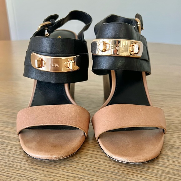 Coach Dennis Turnlock Open Toe Slingback Block Heels Sandals Tan Black Gold 8.5 - Picture 4 of 16